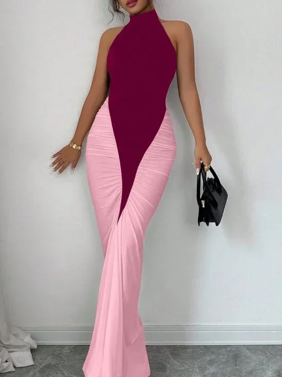 Elegant Multicolor Women's Color Block Fishtail Hem Dress - Picture 6 of 6